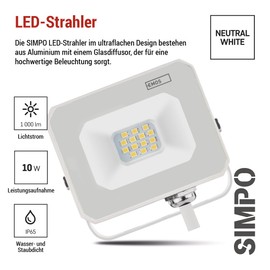 EMOS SIMPO LED Spotlight 10 W IP65 Waterproof Floodlight for Wet Room or Outdoor Use Super Bright 1000 lm Neutral White 4000 K Life 15,000 Hours with 15 cm Connection Cable White