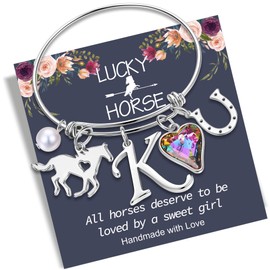 Anoup Girls Jewelry for Teen Girls, Back to School Outfits for Girls Horse Gifts for Girls 8-10 Silver Jewelry for Teen Girls K Initial Bracelet for Teen Girls Horseshoe Charm Bracelet for Girls