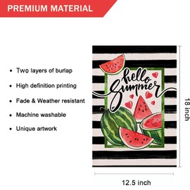 LHSION Hello Summer Watermelon Garden Flag 12.5 x 18 Inch Watercolor Stripes Vertical Double Sided Burlap Flag for Farmhouse Yard Outdoor Seasonal Decoration