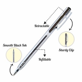 FotoStation Pack of 50 x Black Ballpoint Pens Medium Tip Smooth Writing Retractable Black Ink Ballpoint Pens with Pocket Clip for School and Office Stationary Supplies (Black)