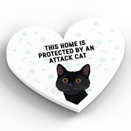 Global Designs Black Cat Home Protected Attack Cat Katie Pearson Artworks Heart Shaped Wooden Magnet