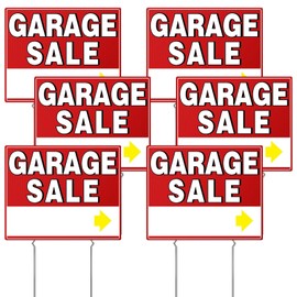 Garage Sale Sign, 17" x 13" Garage Sale Signs with Stakes, Yard Sale Signs with Stakes, Weather-proof Garage Sale Sign with Arrow Garage Sale Signs with Metal Stakes for Outdoor Estate (6 Pcs)