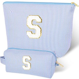 Make-up-Tasche mit Initiale, 2 Stück Personalisiert Schminktasche Damen, Nach Initialen Reise-Make-up-Tasche für Frauen, Mama, Freundin, Muttertag, Valentinstag, Geburtstagsgeschenk（Blau S）