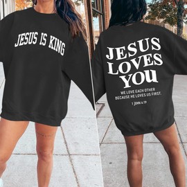 Sulayesh Fleece Christian Sweatshirts Women Jesus Loves You Jesus Is King Hoodie Religious Faith God Shirts Oversized Tops (Black,S)