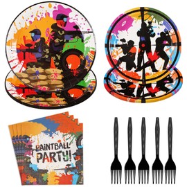 96pcs Paintball Paper Plates and Napkins Sets, Paintball Neon Party Decorations Plates Supplies Tableware for Kids