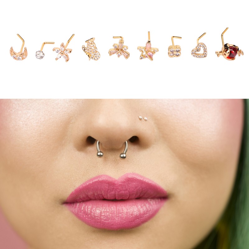 9pcs Nose Studs Set Golden Stainless Steel L Shape Shiny