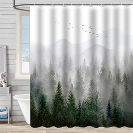 ZCHOMI Green Misty Forest Shower Curtain Pine Tree Mountain Nature Woodland Bathroom Curtains Waterproof Polyester Fabric Bath Curtain 72 x 72 Inch with 12 Hooks