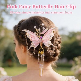 2 PCS Pink Fairy Butterfly Hair Clip, Translucent Pink Butterfly Wings Hair Accessory with Metal Tassels, Elven Hair Clamp Fantasy Hairpiece for Photoshoot Prom, Wedding Renfaire Cosplay Styling