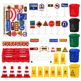 NUOBESTY 105PCS Traffic Road Signs Street Road Signs Playset Traffic Light Crosswalk Signal Roadblocks Toyset for Children Safety Education Plaything