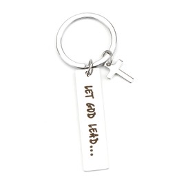 Let God Lead Keychain with Rectangular and Cross Pendants, Stainless Steel Keyring, Inspirational and Thoughtful Gifts for Friend, Women, Friend, Girlfriend, Travel or Retirement