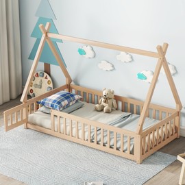 Bellemave Twin Size Tent Floor Bed for Kids,Teepee Bed with Door and Guardrails,Wood Floor Bed with Slats,Montessori Floor Bed for Girls Boys(Twin,Natural)