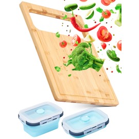 Happylivery Bamboo Cutting Board - Includes 2 Collapsible Containers - Solid Dural Bamboo - Space Saving with Non-Slip Feet - Rectangular Shape - Ideal for Vegetables