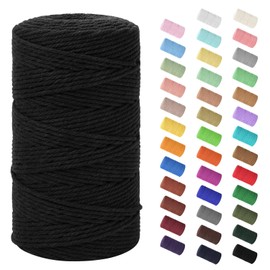 Macrame Cord 3mm x 220Yards (656Feet), Natural Cotton Macrame Rope - 4 Strands Twisted Macrame Cotton Cord for Wall Hanging, Plant Hangers, Crafts, Gift Wrapping and Wedding Decorations, Black