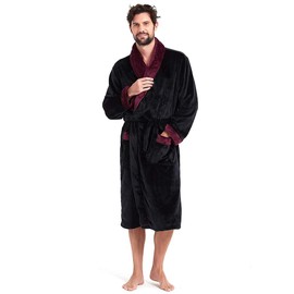 Men's Ultrasoft Plush Bathrobe Fleece Spa Robe Swim Hotel Warm Robes(Black+Wine 2XL/3XL)