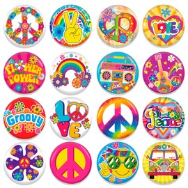 HOWAF 16 Pcs Hippie Accessories Hippie Pin Badge Button, Hippy Boho Peace Sign Flower Power Pins Badges Hippie Costume for Clothes and Bags Groovy Party, 60s 70s Hippie Party Decorations