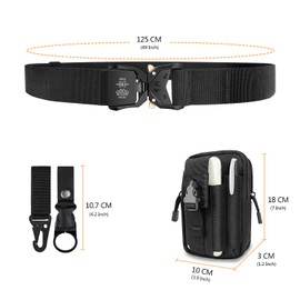 Leskyair Men's Tactical Work Belt, High Performance, 38 mm width, Military Style, Quick Release Metal Buckle, Gift with Tactical Molle Bag and Water Bottle Clip, Black + grey