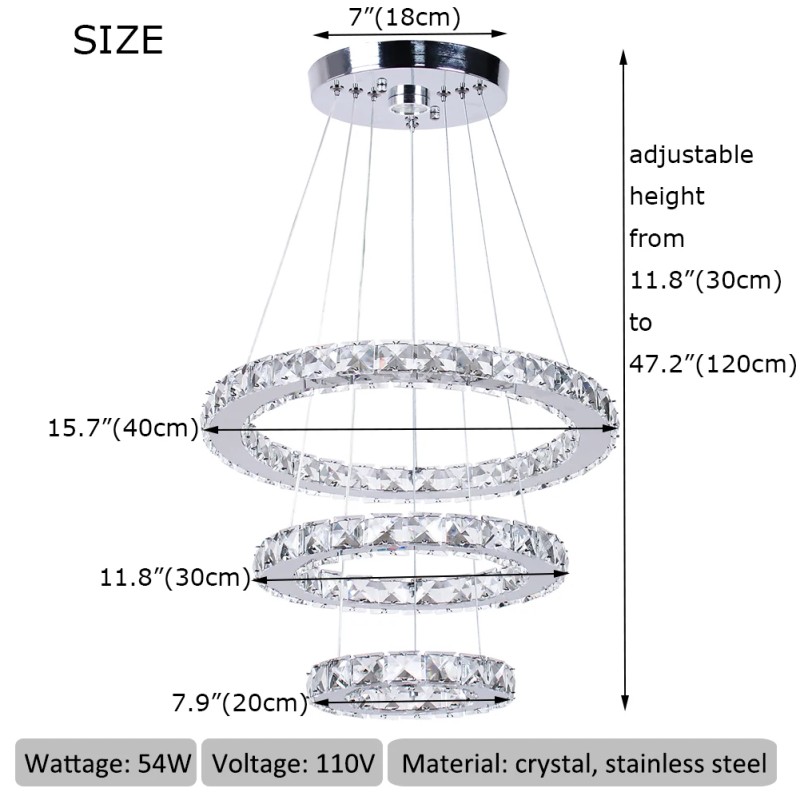 Dimmable LED K9 Crystal Chandelier 3-Ring Pendant Light with Remote