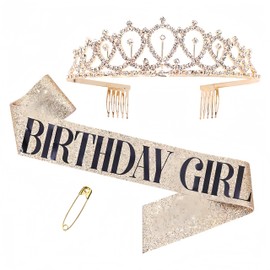 Birthday Crowns Sash Gold Crystal Tiara for Birthday Party Women Kids, Alumide, Iolite