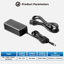 CAMPLUX DC 12V 5A Power Supply Adapter Converter Transformer AC 100-240V Input with DC 12V Output, for Charging Nano Series