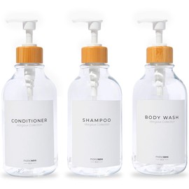 Shampoo and Conditioner Bottles Set of 3 Clear Bamboo – Shower Shampoo Dispenser – Hotel Style Bathroom Upgrade by MaisoNovo