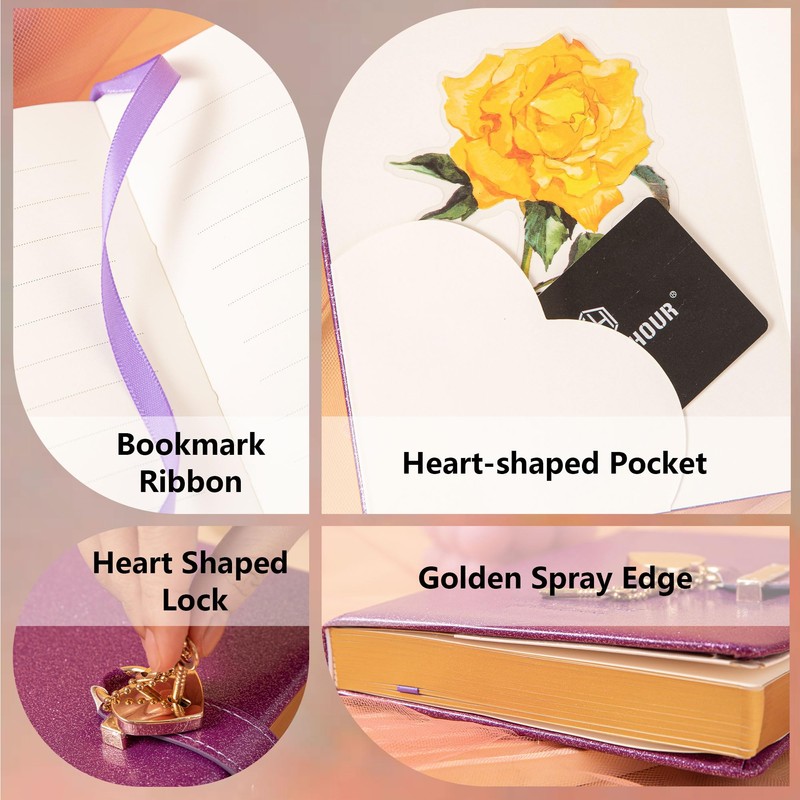Heart Lock Journal Notebook with Key, Glitter Purple PU Leather