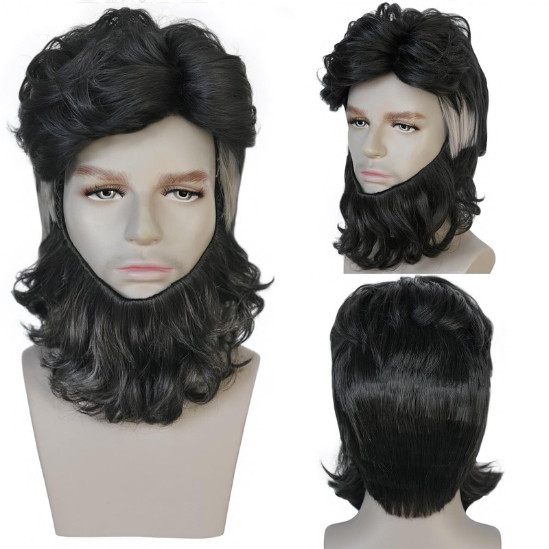 ESUNO Mens Short Black Wig with Beard Billionaire Wig Black