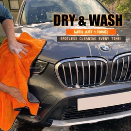 Extra Large Microfibre Car Drying Towels 90cm x 60cm Super Absorbent and Quick Dry Auto Detailing Towels Dual Sided 800gsm | Orange/Grey (Orange/Grey (1 x Drying Towel)