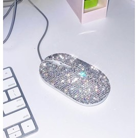 TISHAA Sparkling Rhinestone Wired Mouse – Blinged-Out Crystal Mouse for Desk, for Women, Office Decor, and Sparkly Accessories (New White)