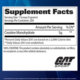 GAT SPORT Creatine Monohydrate Powder 1000 Grams, Strength, GLP1 Support, Brain Health, Anti-oxidant, Endurance, for Men & Women, 1 Kilo, Unflavored, 200 Servings