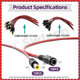Swpeet 10 Pairs 2.1mm x 5.5mm Male Female 18AWG 12V 5A DC Power Barrel Plug Connector Cable for CCTV Security Camera, LED Strip - DC Plug Connector Pigtail