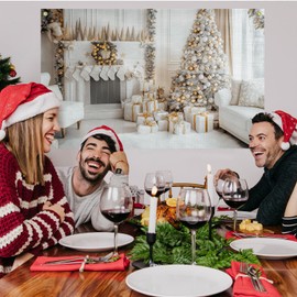 IAFQWDS White Christmas Backdrop Background Party Decoration, Gold and White Christmas Xmas Tree Fireplace Hanging Wall Banner Fabric Sign for Photo Booth Background Photography 63x39 in