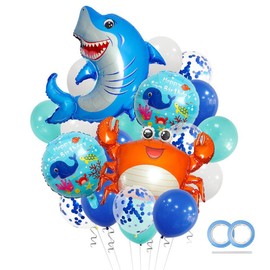22pcs Ocean Shark Themed Party Decorations, Blue Shark Balloons, Happy Birthday Balloons, Birthday Party, Undersea Balloons Supply