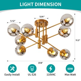 Ceiling Light With Sputnik Glass Globe Chandelier, 8 Lights Kitchen Lighting Fixtures Ceiling Flush Mount For Villa Living Room, Hotel Bedroom, Home & Office Decor (Modern Gold Ceiling Lamp)