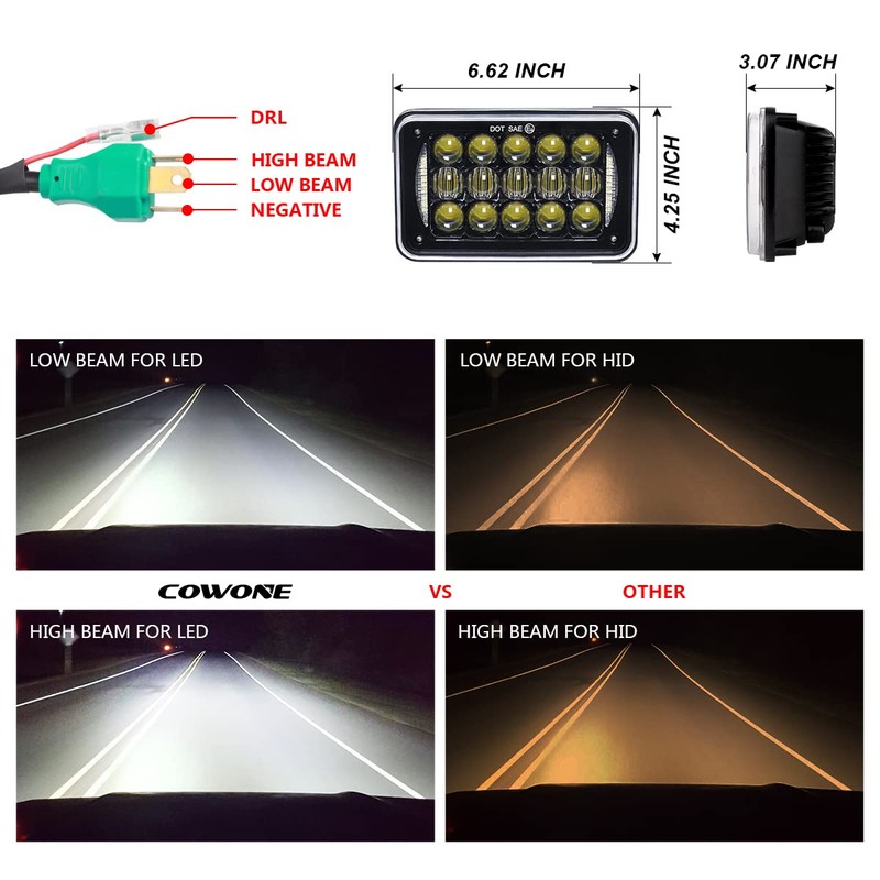 COWONE 60W 4X6 inch Rectangular LED Headlights for H4651 H4652