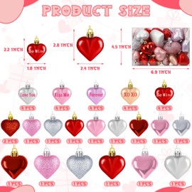 Valentines Day Decorations, 36pcs Heart Shaped Ornaments, Glitter Red Heart Shaped Hanging Baubles, Romantic Pink Glossy Valentine's Day Decor for Party Wedding Engagement Lover