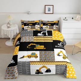 Feelyou Excavator Comforter Construction Vehicles Comforter Set Equipment Trucks Bedding Set for Children Kids Boys Girls Cartoon Car Duvet Set Geometric Lattice Room Decor Quilt Set Twin Size
