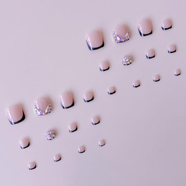 Black Press on Nails French Tip Fake Nails with Rhinestone Design Glossy Full Cover Glue on Nails Short Square False Nail Artificial Acrylic Stick on Nail for Women Giels Manicure 24Pcs