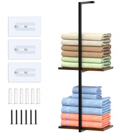 Towel Racks for Bathroom Wall Mounted, Towel Storage Rack with 2 Tier Wood Shelf for Folding Large Towels, Metal Towel Organizer for Small Bathroom