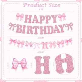 RICHHHA Glitter Pink Bow Happy Birthday Banner Pre-Strung Coquette Birthday Decorations Bow Theme Party Backdrop Sign Garland Pink Bow Party Supplies Decorations for Women Girls,NO-DIY