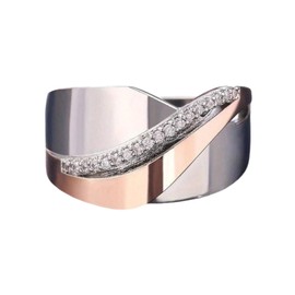 BlingNook Two Tone Rose Gold Silver Rings For Women Man, Trendy Stackable Twist Copper Ring With Cubic Zirconia Accents Fashion Jewelry Gift, Stainless Steel, No Gemstone