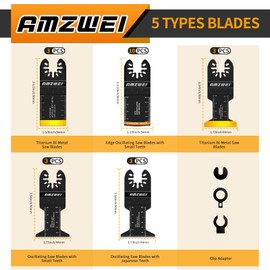 AMZWEI 22PCS Oscillating Tool Blades, 5 Types Titanium & HCS Oscillating Saw Blades for Metal, Wood, Plastic, Quick Release Oscillating Tool Blades Compatible with Dewalt Bosch Milwaukee Ryobi