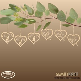 WEIGLA - Wooden Tree Decorations Original Ore Mountains I 6-Piece Tree Decoration Set Heart Motif I Beautiful Craft and Gift Idea for Young and Old I Gift Tag