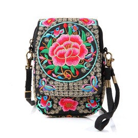 Goodhan Flowers Embroidery Canvas Crossbody Bag, Women Messenger Bag, Cellphone Pouch Purse, Style 01: Basic Version - Redrose