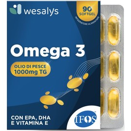 Omega 3 IFOS 5 Stelle Certificato, 90 capsule in Blister da 1000mg in forma Trigliceride, Senza Retrogusto. Olio di pesce ad Alto dosaggio, Ricco di EPA e DHA, Trigliceridi, Cuore, Cervello, WESALYS
