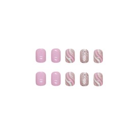 SINHOT Short Square Press on Nails Squoval Fake Nails Glossy Glue on Nails Pink&White Swirl Acrylic Nails Pink Glitter False Nails with Designs 24 pcs