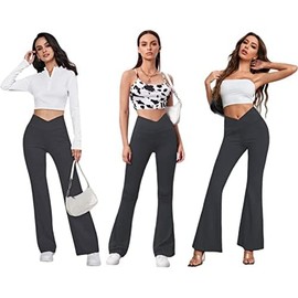 DLOODA Women's Flare Leggings with Pockets-Crossover High Waisted Bootcut Yoga Pants-Tummy Control Bell Bottom Leggings Gray