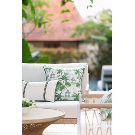 Hofdeco Premium Coastal Patio Indoor Outdoor Lumbar Pillow Cover Only, 12"x20" Water Resistant for Backyard, Couch, Green Embroidered Vertical Line