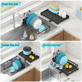 Dish Drying Rack in Sink, Expandable Stainless Steel Dish Rack for Kitchen Counter, Over the Sink Dish Drainer with Utensil Holder, Cup Rack, Drainboard, Space Saving Dish Dryer rack for Inside Sink
