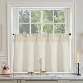 Vangao Net Curtains Kitchen Fringe Border Linen Bistro Curtain with Tab-Top Curtain Valance for Caravans Children's Room Country House Style Shabby Chic Curtains Short Semi-Transparent Beige Set of 1