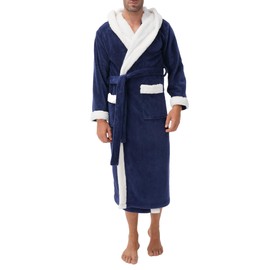 DAVID ARCHY Men's Hooded Fleece Robe Double Layer Bonded Velvet Robe Plush Soft Full Length Long Bathrobe(M,Dark blue)